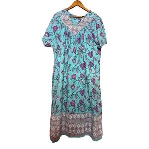 Loungees Women Size 1X Cotton Muumuu House Dress Teal Purple Floral Pockets